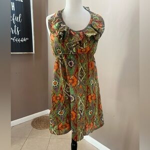 Green and Orange Ruched Sundress with Flutter Sleeves
